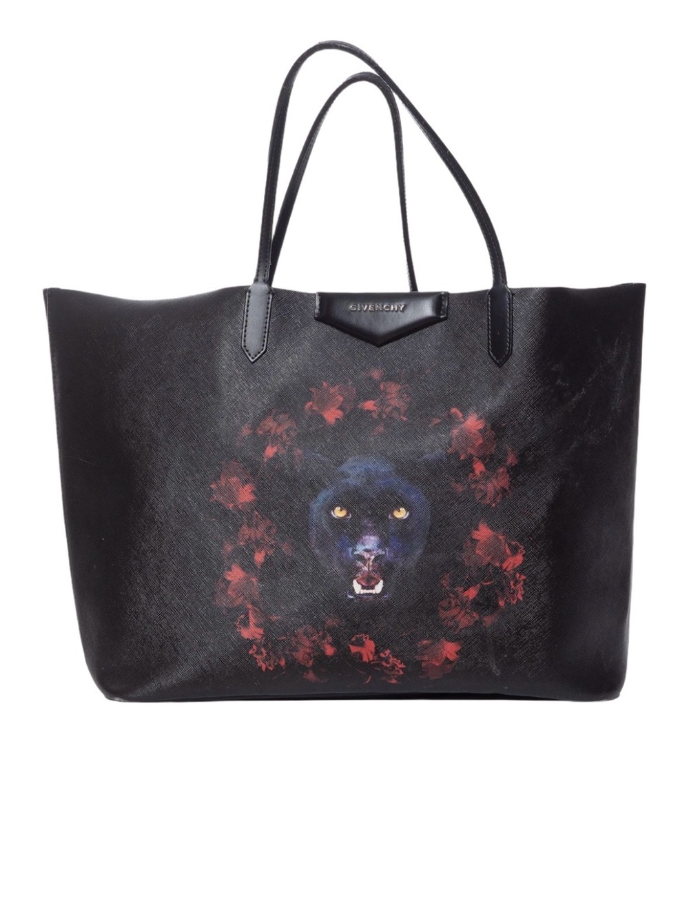 Givenchy Black Leather Tote with Panther and Red Floral Wreath